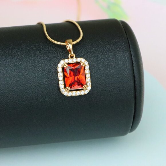 "Red Emerald-Cut Stone Pendant with Crystals in Rose Gold, XPPT1572 - Picture 3 of 13